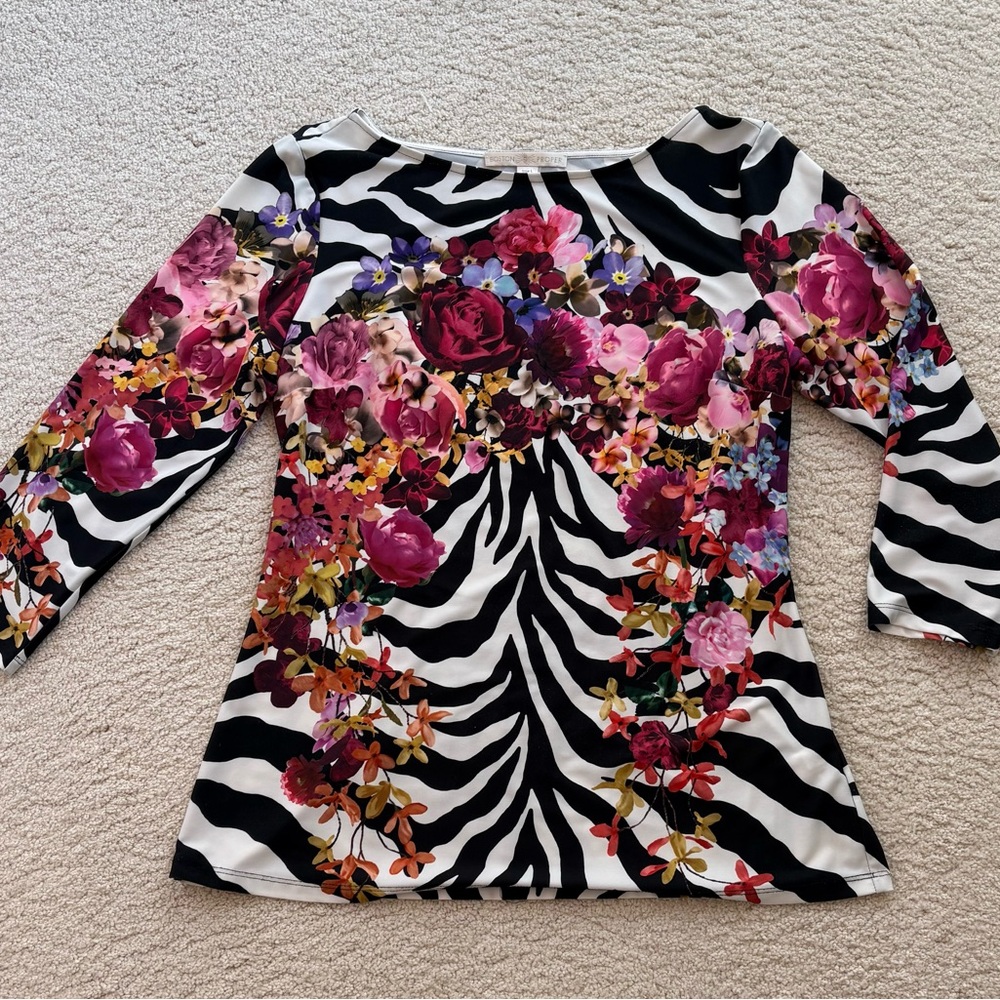 Boston Proper Black and White Zebra Top with Pink Floral Design